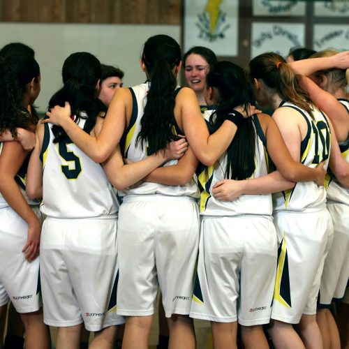 A girls' basketball team huddling before a game, showcasing teamwork and camaraderie.